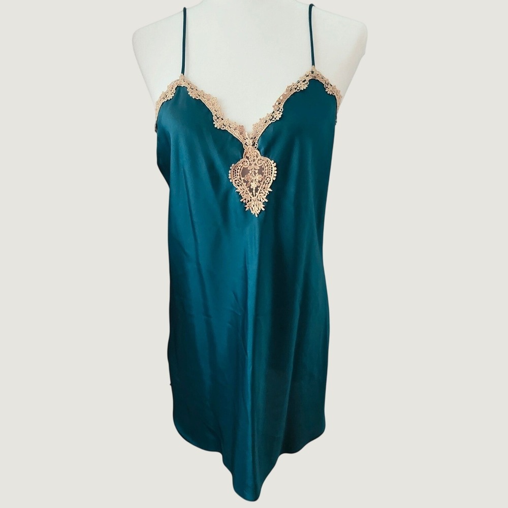 California Dynasty Nightgown Slip Vintage Emerald Green Satin Lace Trim Medium
